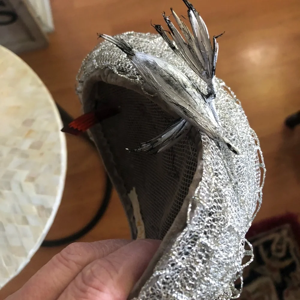 Antique Silver Metallic Hat w Birds - Picture 10 of 11